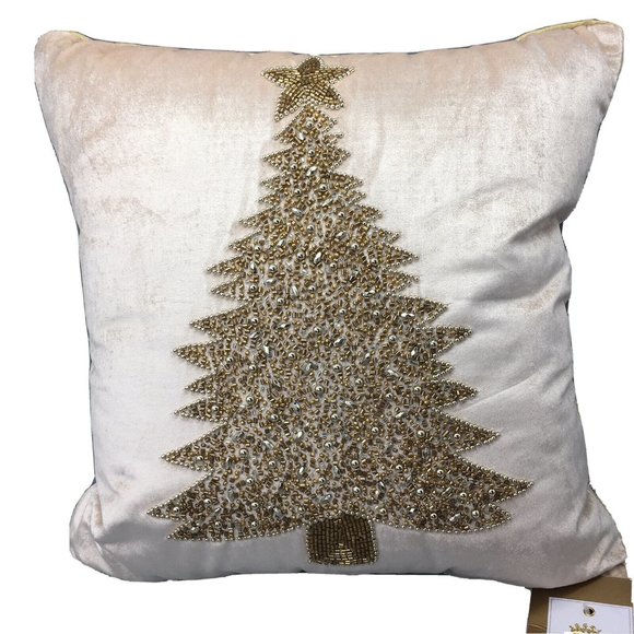 Rachel Ashwell Gold Beaded Christmas Tree Pillow Blush Pink Velvet 18" NEW - Picture 1 of 11